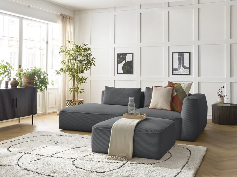 Bobochic canapé droit fixe 3 places leopold velours côtelé avec pouf gris foncé accoudoir droit LEOPOLD - Conforama B