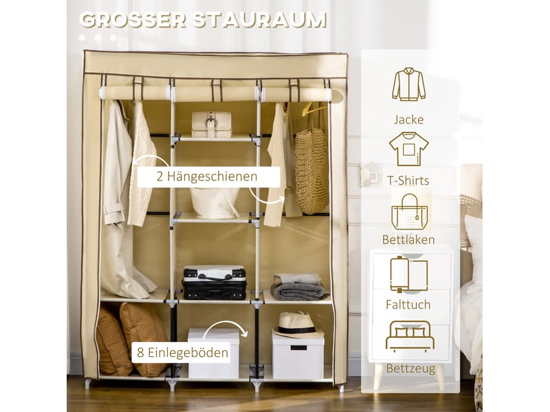  Armoire en tissu 125x43x162,5 cm avec 2 barres de penderie et 8 niveaux métal beige  - Conforama E