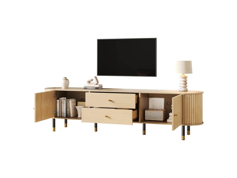  Meuble tv 180 cm bois clair pour 75 pouces - 2 tiroirs portes coulissantes passe-câble  - Conforama A