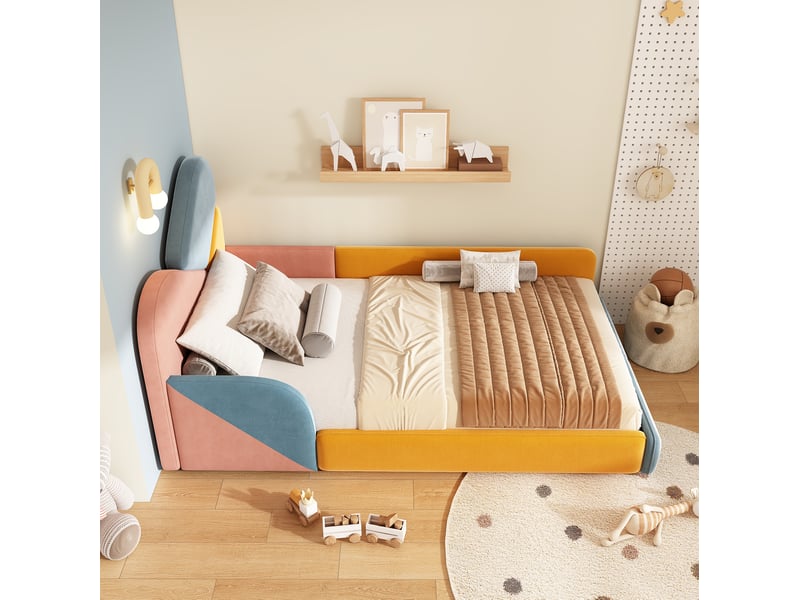  Lit simple 90x200 cm, tête rembourrée, protection latérale surélevée anti-chute, bois, multicolore, sans matelas  - Conforama B