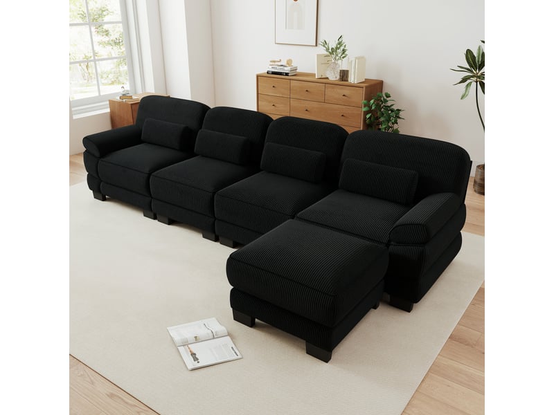  Canapé d'angle modulable - 4 places - forme l - 1 ottoman - assise profonde - velours côtelé - mobilier de salon - pratique - noir CozyNest - Conforama C
