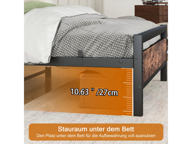  Cadre de lit, lit double 140x190 cm, rangement intégré, métal et bois brun antique, sommier à lattes  - Conforama R