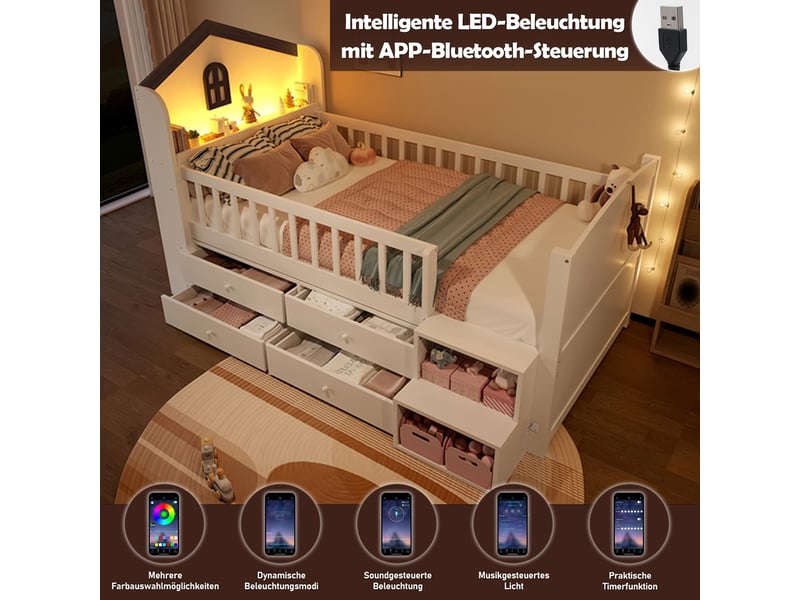  Lit mi-hauteur 90 x 200 cm halbhohes bett forme maison fenêtre 4 tiroirs led échelle sans matelas blanc  - Conforama E