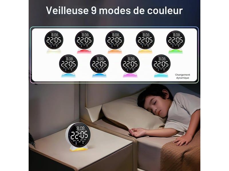  Réveil numérique led avec veilleuse rvb 9 couleurs, snooze, date, semaine, luminosité réglable, format 1224h, doubles alarmes pour table de nuit  - Conforama D