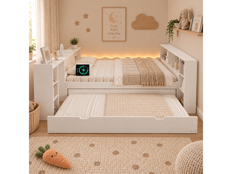  Lit gigogne 140 × 200 cm avec couchage 90 × 190 cm, bureau, prises et led Fay Lum - Conforama R