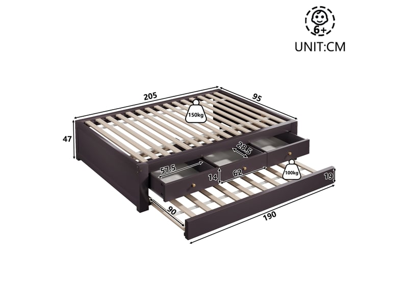  Lit gigogne 90 × 200 cm avec 3 tiroirs de rangement et lit d'appoint coulissant en mdf et bois de pin brun café  - Conforama C