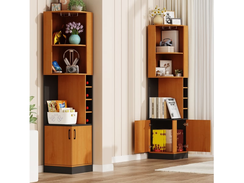  Meuble d'angle à vin modenvie 40 x 40 x 182 cm avec porte-verres, rangement ouvert et placard fermé, mdf naturel  - Conforama E