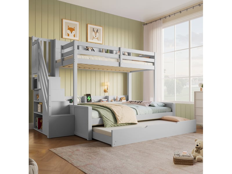 Lit superposé 4 places 90 × 200 cm et 140 × 200 cm, lit gigogne 90 × 190 cm, usb, rangement, sans matelas, bois gris - Conforama B