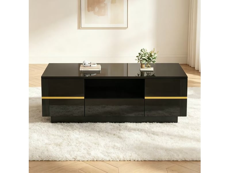  Table basse 100x50x35,5 cm avec led, rangement et accents dorés noire  - Conforama E