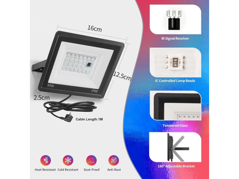  Rgb projecteur led extérieur 30w,spot couleur avec télécommande,16 couleurs 4 modes dimmable éclairage mur  - Conforama D