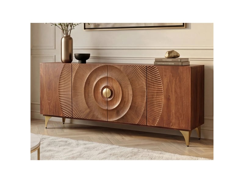 Buffet solaris 177 cm en bois massif de manguier – 4 portes sculptées motif solaire et pieds dorés  - Conforama B