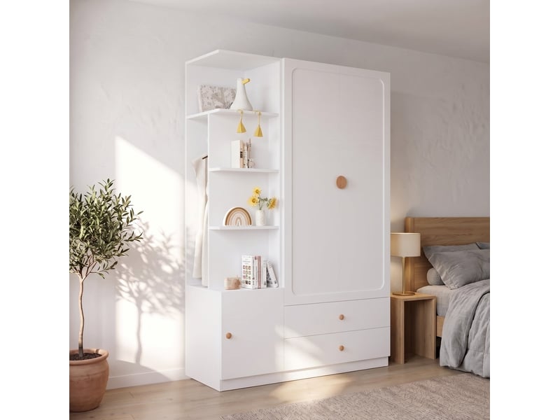  Armoire blanche 135 cm avec 2 tringles, 2 tiroirs et module latéral modulable pour votre rangement quotidien  - Conforama B