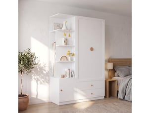 Armoire blanche 135 cm avec 2 tringles, 2 tiroirs et module latéral modulable pour votre rangement quotidien