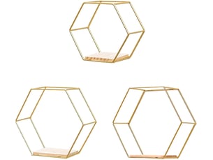 Ensemble de 3 étagères murales hexagonales flottantes géométriques en métal doré avec base en bois, étagère de rangement moderne pour bureau et décora, jaune