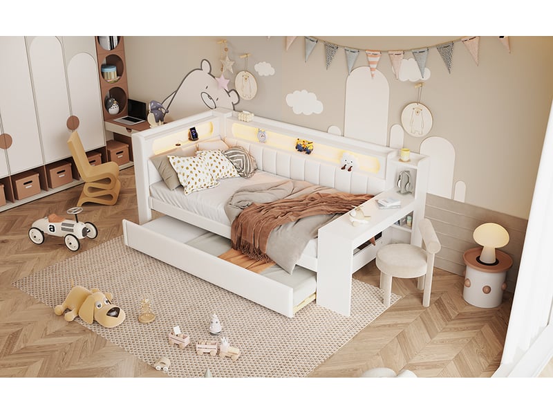  Lit gigogne 90 × 200 cm, bureau et étagères intégrés, led et usb, dossier rembourré en lin, second couchage, blanc  - Conforama B