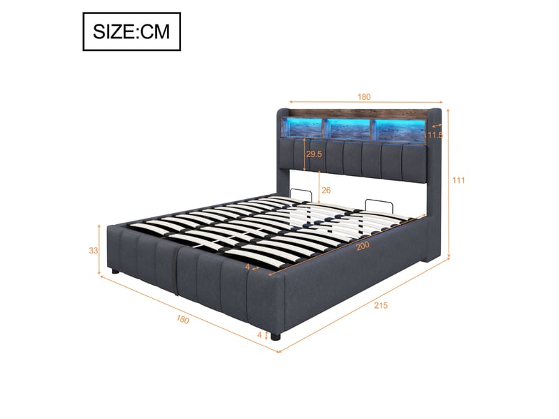  Lit capitonné 180x200 cm gris en lin, led, prise usb, tête avec rangements et coffre hydraulique et cadre métal stable  - Conforama B