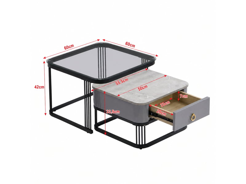  Ensemble de 2 tables basses gigognes en verre effet marbre noir et gris avec 2 tiroirs, 60 x 60 cm  - Conforama C