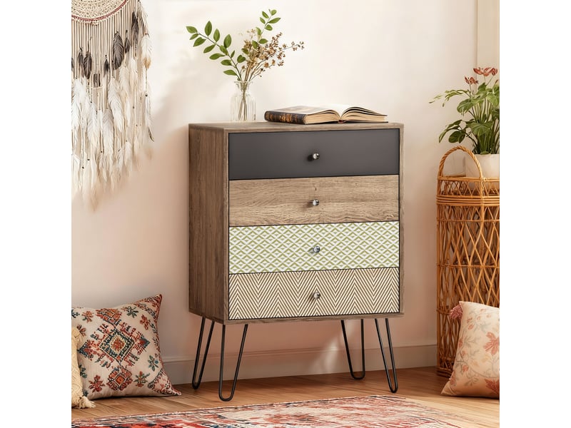  Commode à 4 tiroirs, pieds épingle en acier, style bohème, 60 x 39 x 86 cm, multicolore  - Conforama C