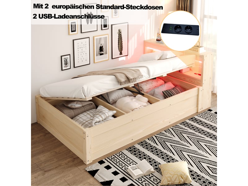  Canapé-lit 90x200 cm, lit enfant, couchage d'appoint, rangement hydraulique, led, bois, prise intégrée  - Conforama W