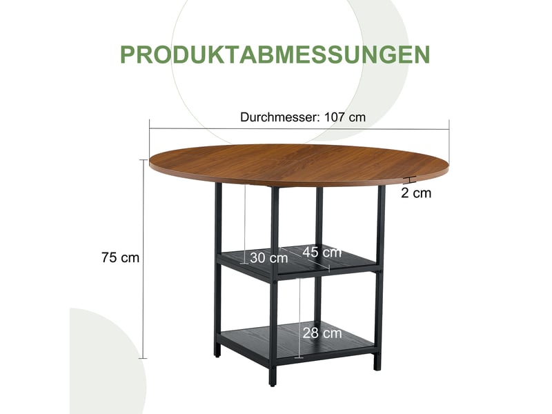 Table à manger ronde 107 cm avec 2 étagères, mdf effet noyer et métal noir - Conforama C