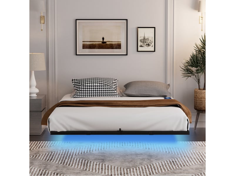  Lit double rembourré 160x200 cm avec éclairage led, cadre de lit adulte avec structure suspendue, noir, lit 2 personnes  - Conforama D