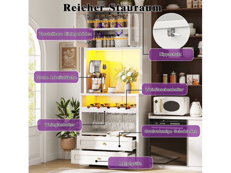 Buffet haut vitré avec étagères réglables, led et porte-bouteilles, pour cuisine, en mdf blanc, 140 × 40 × 180 cm  - Conforama E