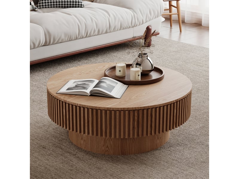 Table basse ronde ø75 cm avec rangement caché, table de salon design moderne à plateau amovible, mdf placage bois, table d'appoint déco, naturel - Conforama E