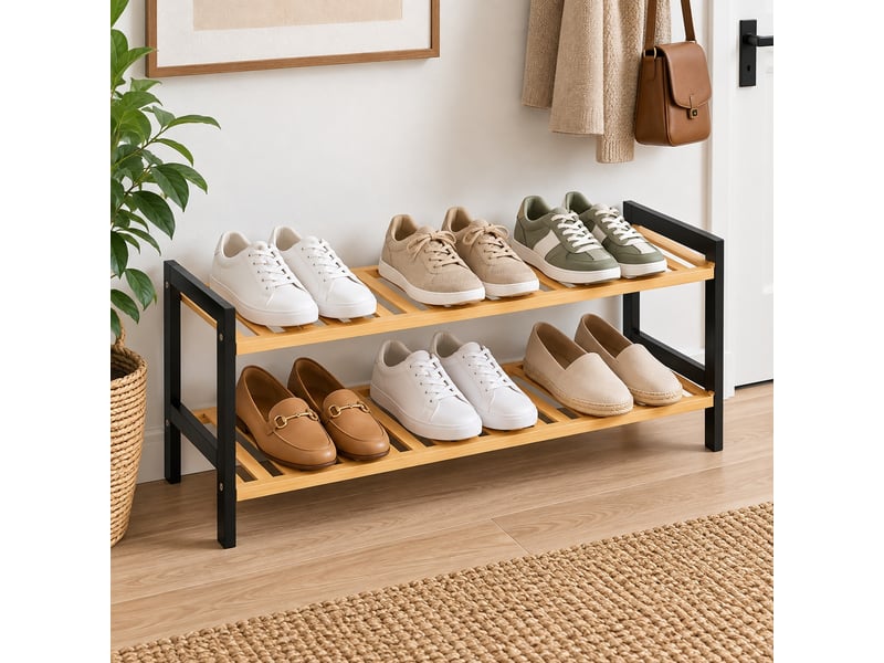 Étagère à chaussures 2 niveaux en bambou naturel & noir, capacité 6 paires - longueur 69 x profondeur 24 x hauteur 31 cm - Conforama B