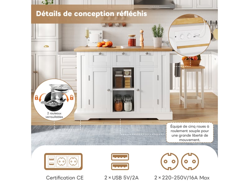  Îlot de cuisine 132x40x87 cm, desserte extensible avec tiroirs, porte-épices, porte-serviettes et prise, mdf, blanc et naturel  - Conforama E