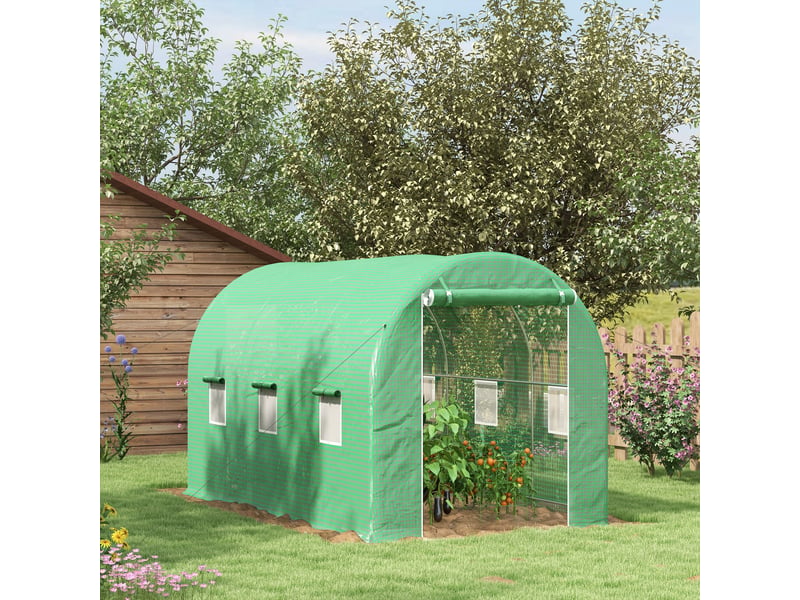  Serre de jardin tunnel surface sol 8 m² 4l x 2l x 2,05h m châssis tubulaire porte zippée 6 fenêtres enroulables vert  - Conforama C