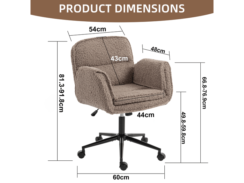  Chaise de bureau pivotante réglable en hauteur avec accoudoirs rabattables, revêtement en teddy marron  - Conforama D