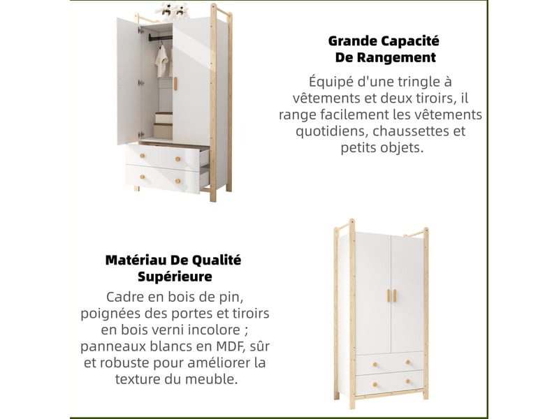  Armoire 2 portes 89,6x44x180,5 cm, penderie 2 tiroirs tringle, métal panneaux de particules bois naturel et blanc  - Conforama E