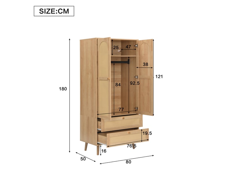  Armoire modenvie effet rotin 80 x 50 x 180 cm avec penderie, étagères et 2 tiroirs en mdf naturel  - Conforama C