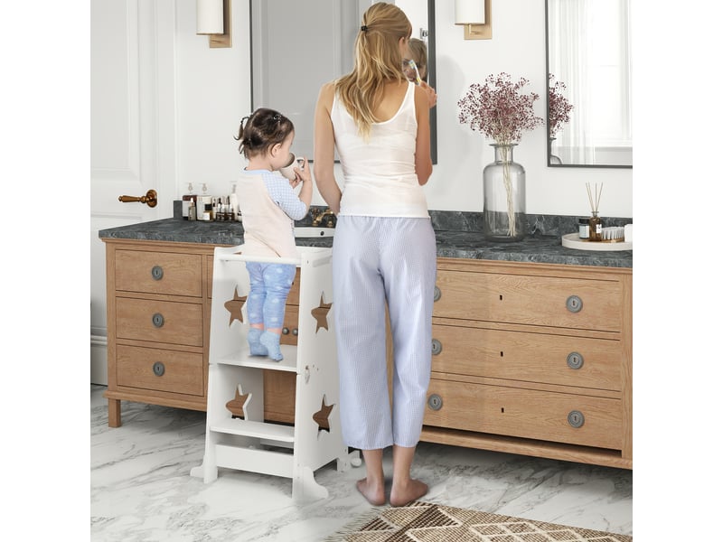  Tour d'apprentissage 2 en 1 transformable en table et chaise avec barre de sécurité 60 x 44,5 x 86 cm blanc  - Conforama B