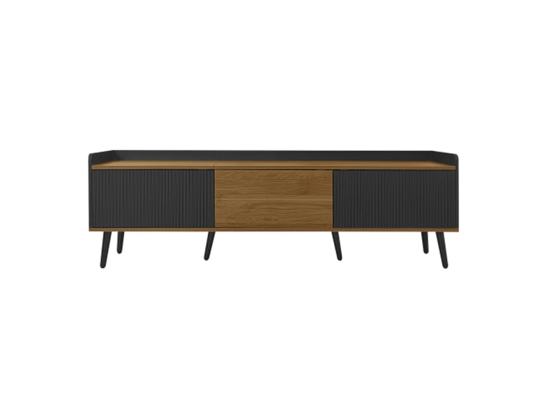  Meuble tv noir et bois naturel avec 3 portes, design compact et protection anti-basculement intégrée  - Conforama E