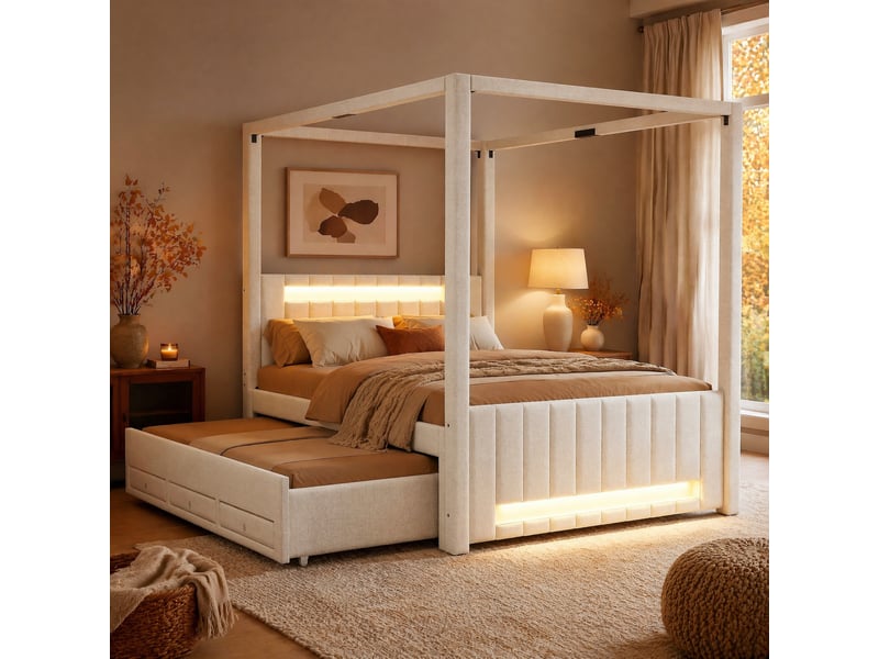  Lit gigogne double 140×200 cm, 3 tiroirs et led réglable - okmyhome- beige, sans matelas, en lin et mdf  - Conforama C