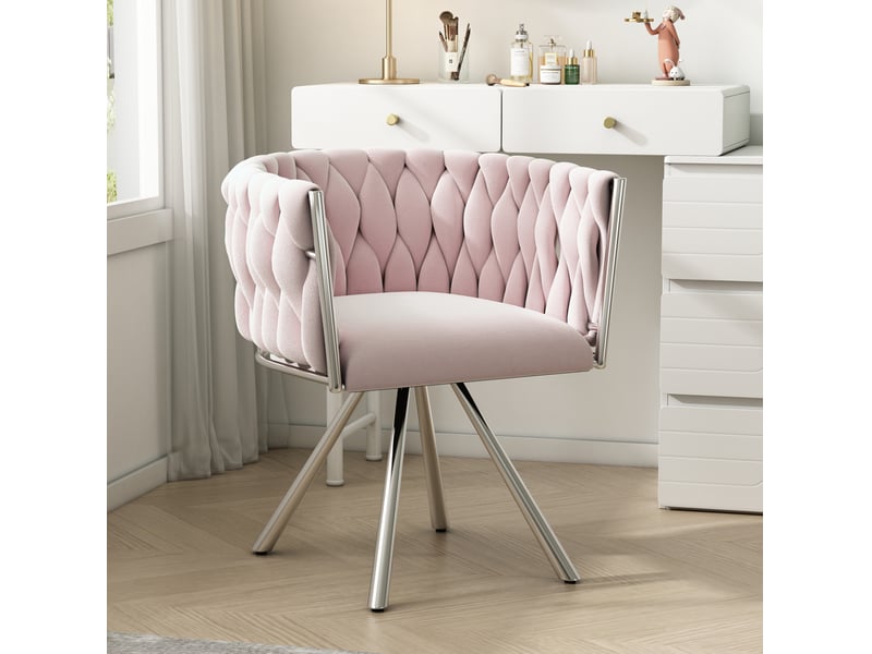 Chaise maquillage velours 360° 59x54x72 cm ergonomique dossier incurvé rembourrage dense quatre pieds métal rose - Conforama D