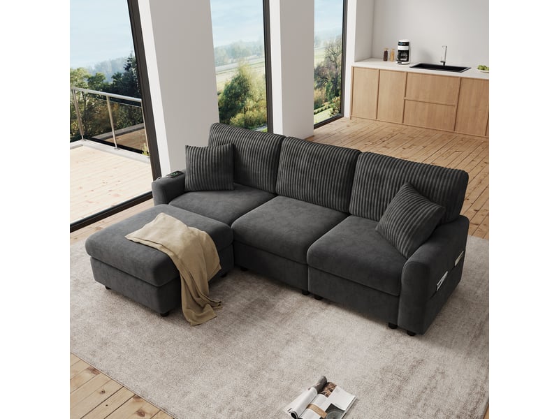  Canapé 4 places gris avec pouf, canapé moderne en chenille et velours côtelé avec ports usb et usb-c, largeur 223 cm  - Conforama C