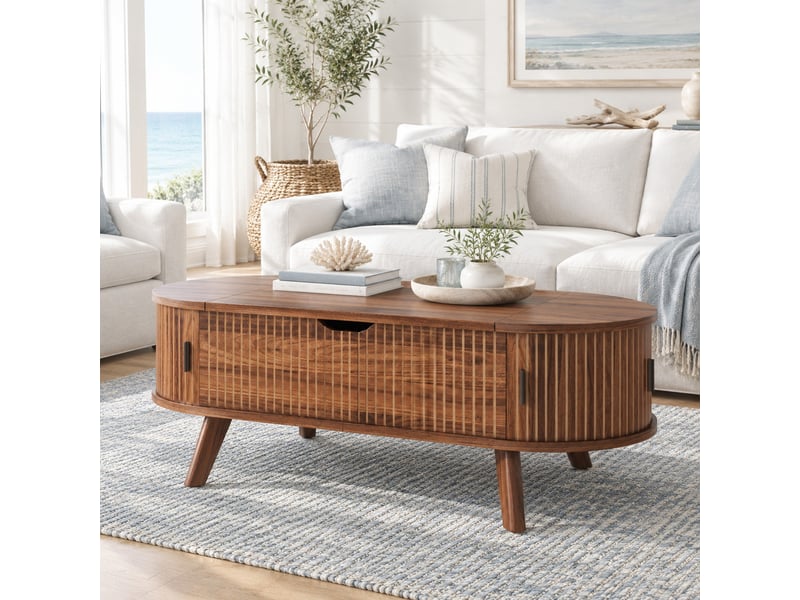  Table basse ovale avec plateau relevable, rangement caché et deux portes coulissantes, décor noyer  - Conforama B