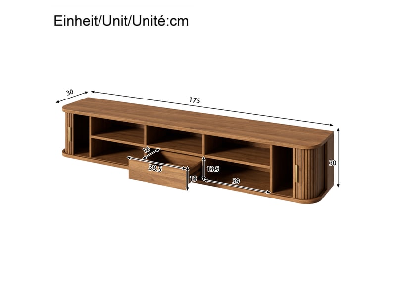  Meuble tv mural 175 cm 2 portes coulissantes rainurées led réglable par application mdf noyer  - Conforama C