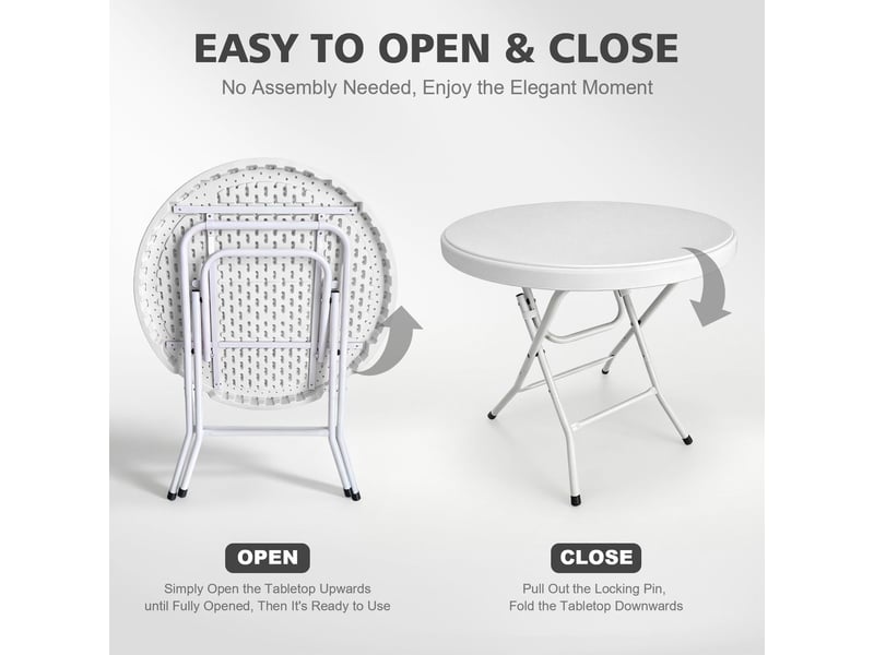  Table à manger ronde format cocktail table repas pliante installation facile usage extérieur et intérieur charge maximale 136 kg finition blanche  - Conforama D