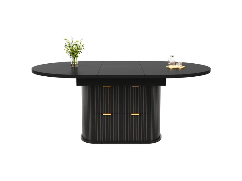  Table à manger extensible 118158 x 118 x 76,8 cm, 4 à 6 personnes, 2 tiroirs, rangements rabattables, relief vertical, poignées métal, noir Bliss Lite - Conforama A
