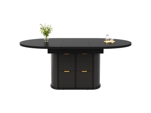 Table à manger extensible 118158 x 118 x 76,8 cm, 4 à 6 personnes, 2 tiroirs, rangements rabattables, relief vertical, poignées métal, noir