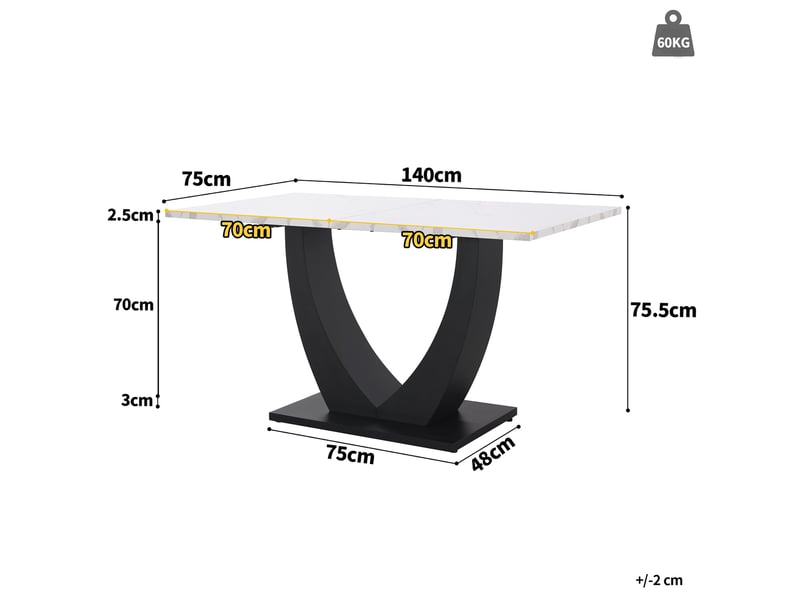 Table à manger 140x75x75,5cm, table rectangulaire, motif de marbre, pied réglable en métal, style design,mdf, blanc+noir  - Conforama D