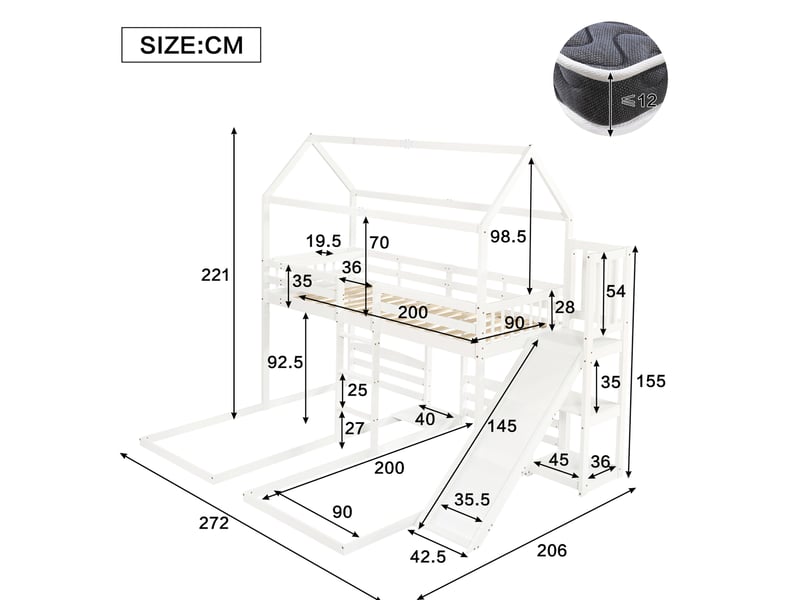  Lit superposé enfant 90x200 cm – blanc – 3 couchages, toboggan, toit et rangement – sans matelas  - Conforama C