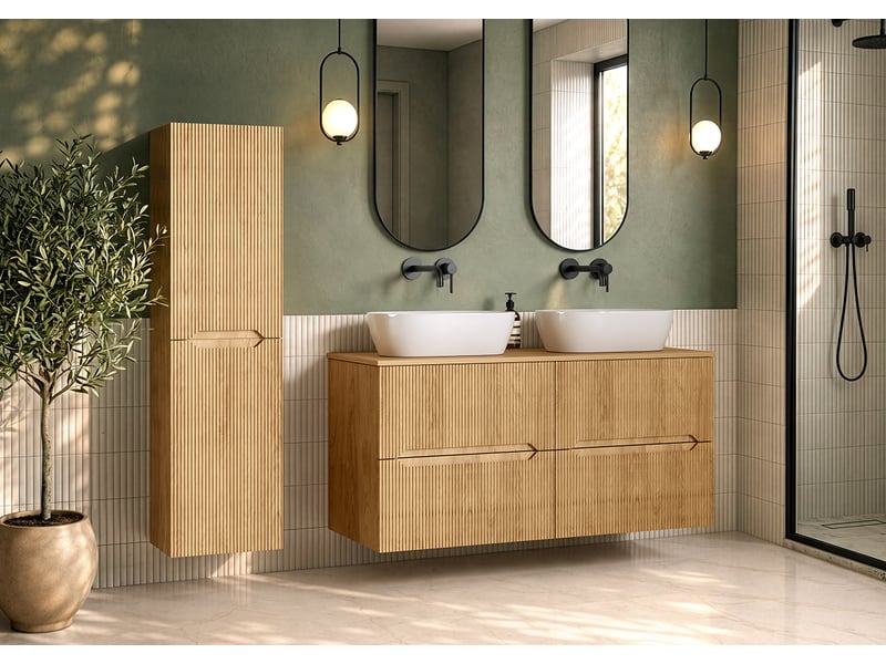 Ensemble double meuble sous vasque avec plan et colonne novo l.120 cm effet chêne hikora - Conforama B