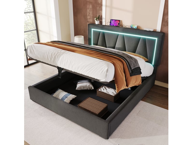  Lit coffre 2 places 160x200 cm, sans matelas, lin gris, sommier à lattes, type-c, usb, doté de led intégré  - Conforama B
