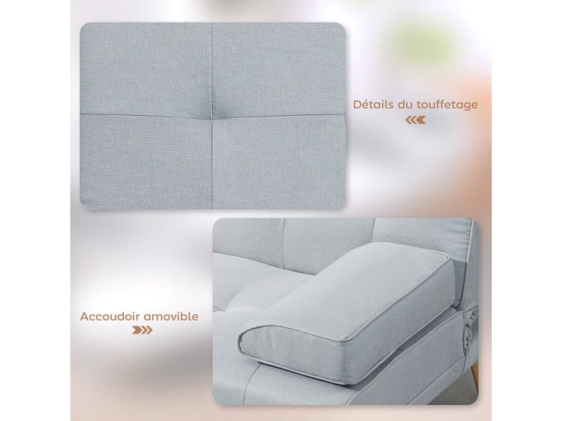  Canapé convertible 3 places, canapé-lit rembourré avec dossier réglable 3 niveaux, 2 coussins et 2 porte-gobelets intégrés, tissu de lin, pour salon, chambre d'amis, gris clair, petit espace  - Conforama R