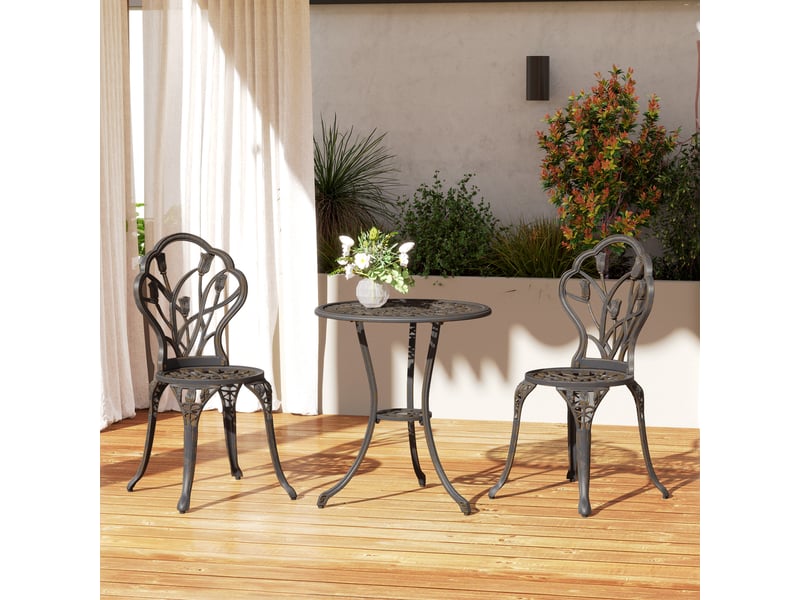  Ensemble de jardin 3 pièces comprenant 2 chaises et une table ronde avec trou pour parasol, bronze  - Conforama D