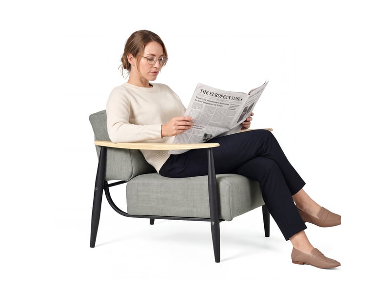 Fauteuil de salon à ressorts avec ensachés assise épaisse, accoudoirs en bois, structure en acier, gris  - Conforama D